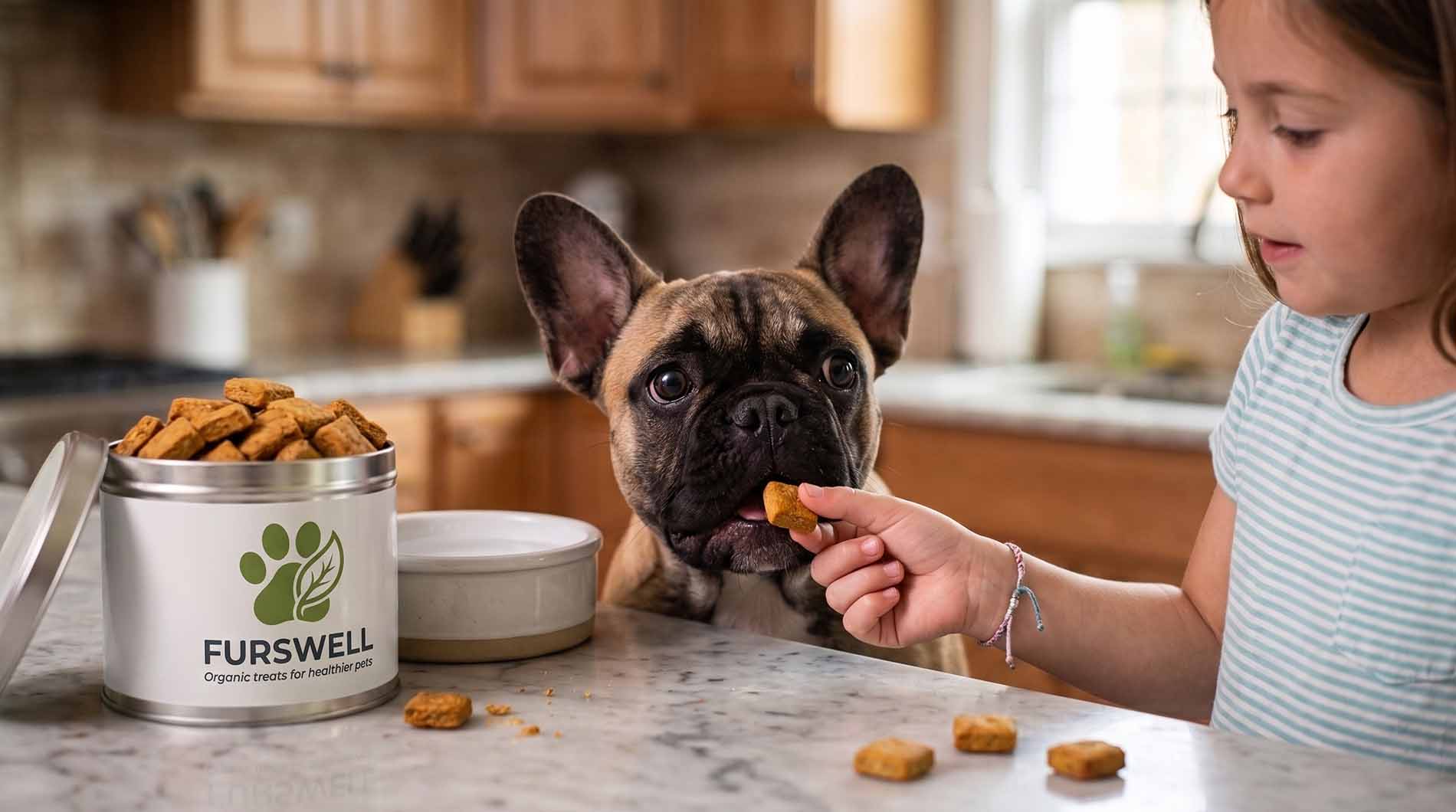Girl feeding her Frenchie Ferswell Dog Treats
